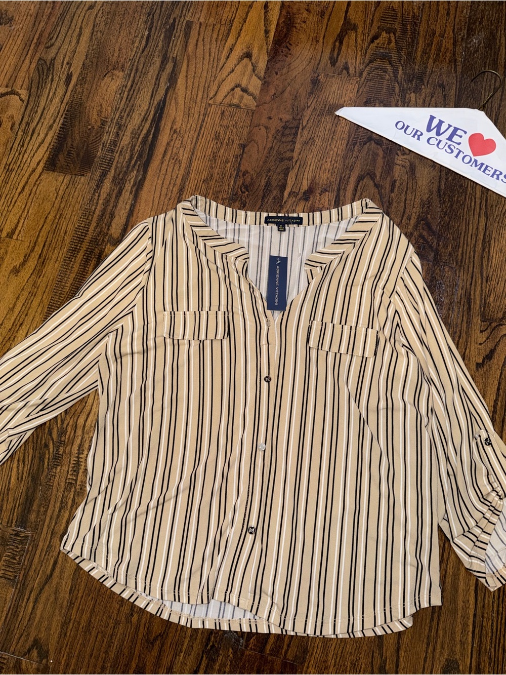 Adrienne Vittadini Cream Blouse with Black Vertical Stripes